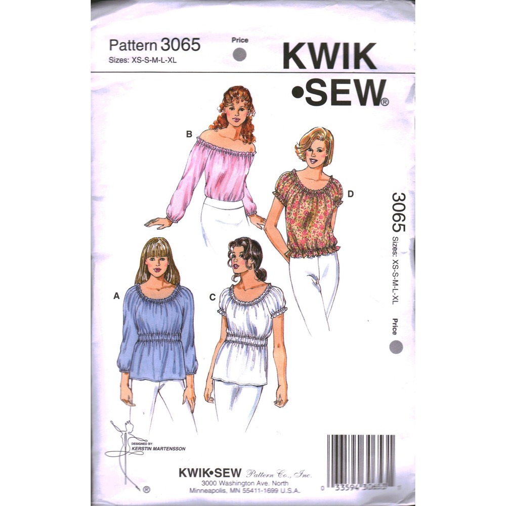 Kwik Sew 3065 Misses Tops Sewing Pattern Raglan Sleeve Ruffle Neck XS-S
